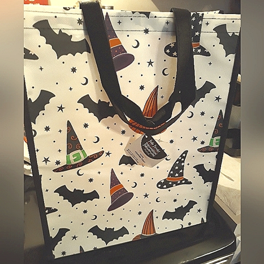 Witch is Batty Tote Bag NEW Witch Hat Bat Print.Strong Sturdy Bag.Save Earth NWT